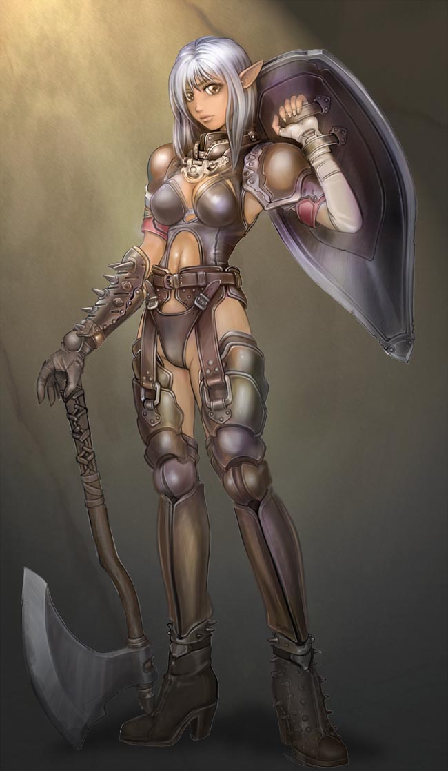 kuratch, original, 1girl, armor, axe, boots, brown eyes, dark-skinned female, dark skin, elf, female focus, high heels, midriff, pointy ears, shield, solo, thigh boots, thighhighs, warrior, weapon, white hair