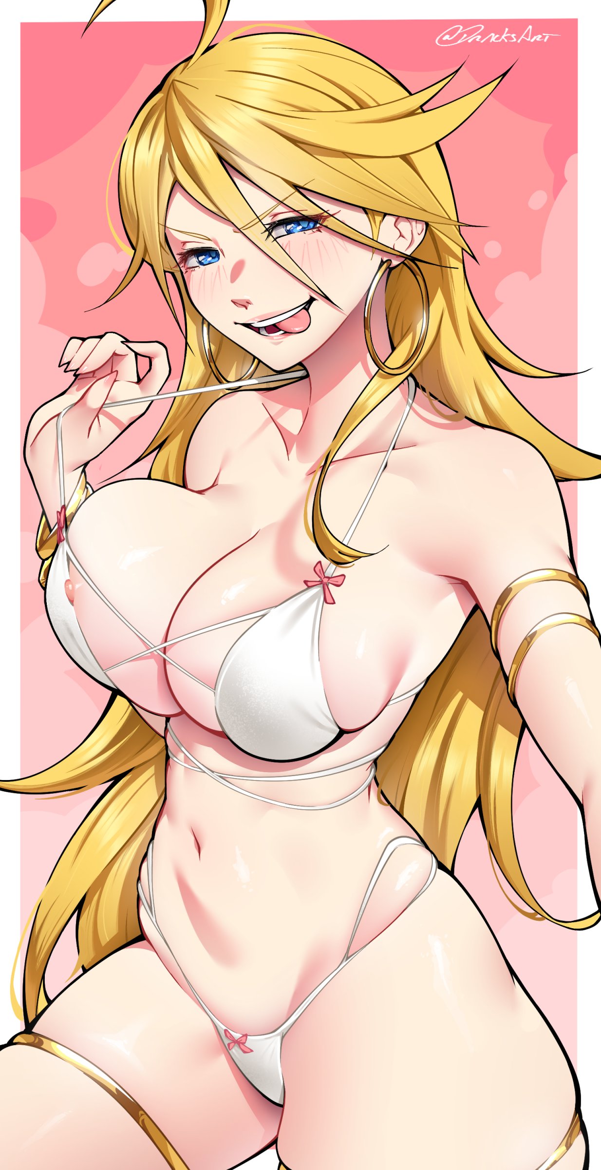 dracksart, panty (psg), panty & stocking with garterbelt, absurdres, commentary, english commentary, highres, 1girl, armpits, artist name, blonde hair, blue eyes, blush, bra, breasts, cleavage, collarbone, earrings, hoop earrings, jewelry, large breasts, long hair, looking at viewer, navel, nipple slip, nipples, panties, signature, simple background, smile, solo, stomach, thigh ring, tongue, tongue out, underwear, white bra, white panties