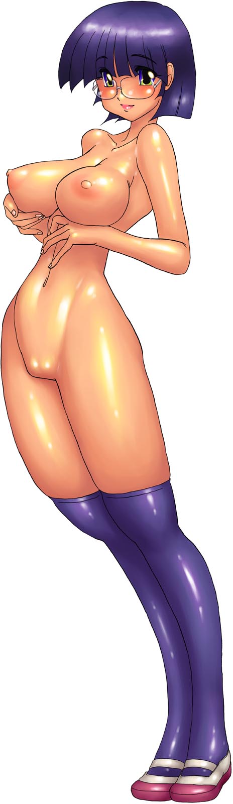 highres, long image, tall image, breasts, curvy, glasses, huge breasts, lipstick, makeup, nipples, nude, short hair, thighhighs