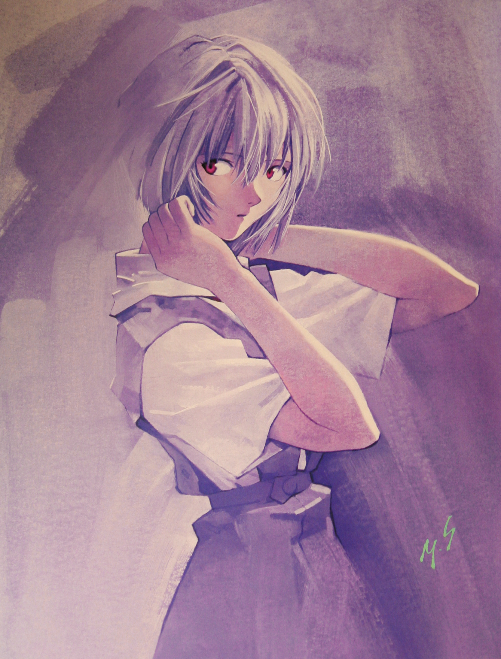 sadamoto yoshiyuki, ayanami rei, neon genesis evangelion, highres, 1990s (style), blouse, blue hair, cowboy shot, from side, hair between eyes, official style, purple background, purple theme, red eyes, retro artstyle, school uniform, serafuku, shirt, solo, white shirt