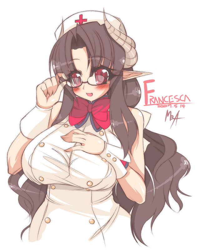 mel/a, akatsuki francesca, original, 00s, 1girl, 2007, bare shoulders, bespectacled, black hair, bow, breasts, cuffs, curvy, demon girl, female focus, glasses, hat, hip focus, horns, huge breasts, long hair, mature female, nurse, nurse cap, pointy ears, red eyes, sleeveless, solo, wide hips