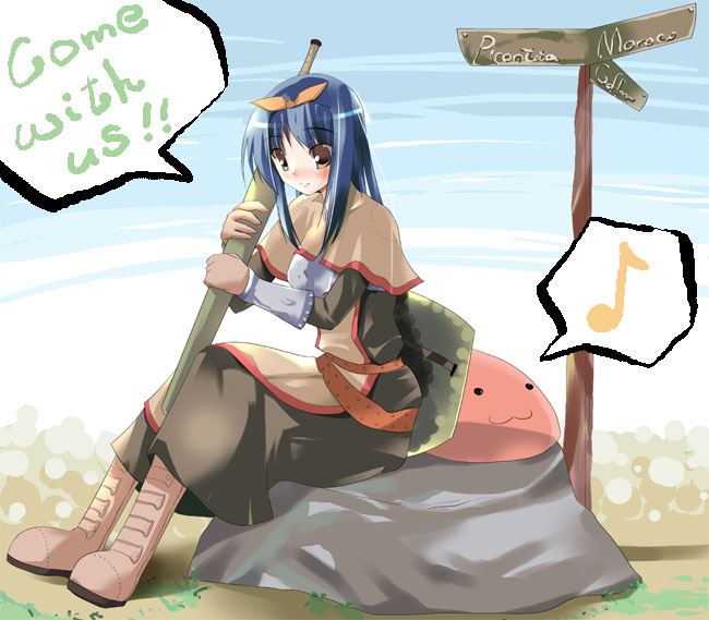 shigen, swordsman (ragnarok online), ragnarok online, 1girl, :3, blue eyes, blue sky, boots, brown boots, day, english text, female focus, full body, gun, holding, holding weapon, knee boots, looking at viewer, musical note, outdoors, quaver, ribbon, road sign, sign, sky, slime (creature), solo, speech bubble, spoken musical note, talking, text focus, weapon