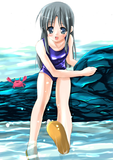 shigen, original, 1girl, black hair, blue eyes, crab, crustacean, female focus, long hair, one-piece swimsuit, school swimsuit, sitting, solo, swimsuit, water