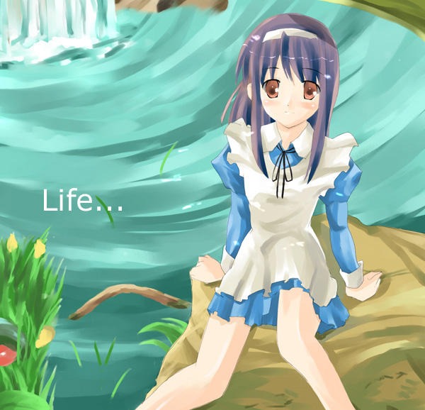 shigen, original, …, 1girl, bare legs, dress, english text, female focus, long sleeves, looking at viewer, maid, outdoors, purple hair, red eyes, river, rock, short hair, sitting, solo, text focus, water, waterfall, white dress