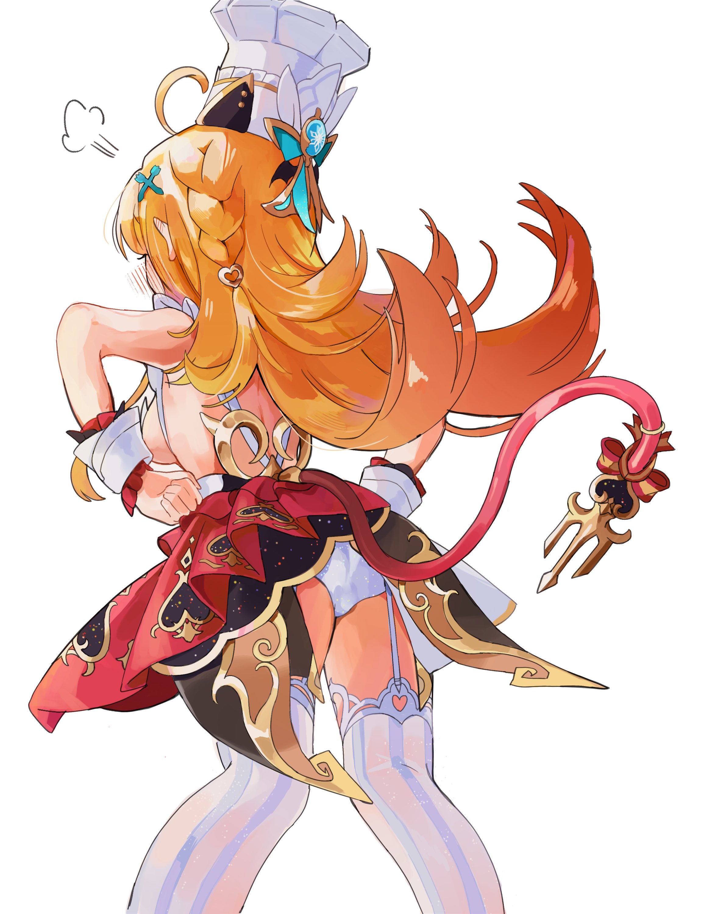 tukuti, escoffier (genshin impact), genshin impact, absurdres, commentary request, highres, 1girl, ahoge, backless outfit, blush, braid, breasts, chef hat, cowboy shot, cryo symbol (genshin impact), ear blush, facing away, fake tail, fork hair ornament, from behind, garter straps, hands on own hips, hat, large breasts, long hair, orange hair, panties, red skirt, sideboob, simple background, skirt, solo, standing, striped clothes, striped thighhighs, tail, thighhighs, underwear, vertical-striped clothes, vertical-striped thighhighs, vision (genshin impact), white background, white garter straps, white hat, white panties, white thighhighs, white wrist cuffs, wrist cuffs