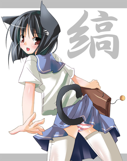 shigen, original, animal ears, panties, school uniform, serafuku, skirt, solo, tail, thighhighs, underwear