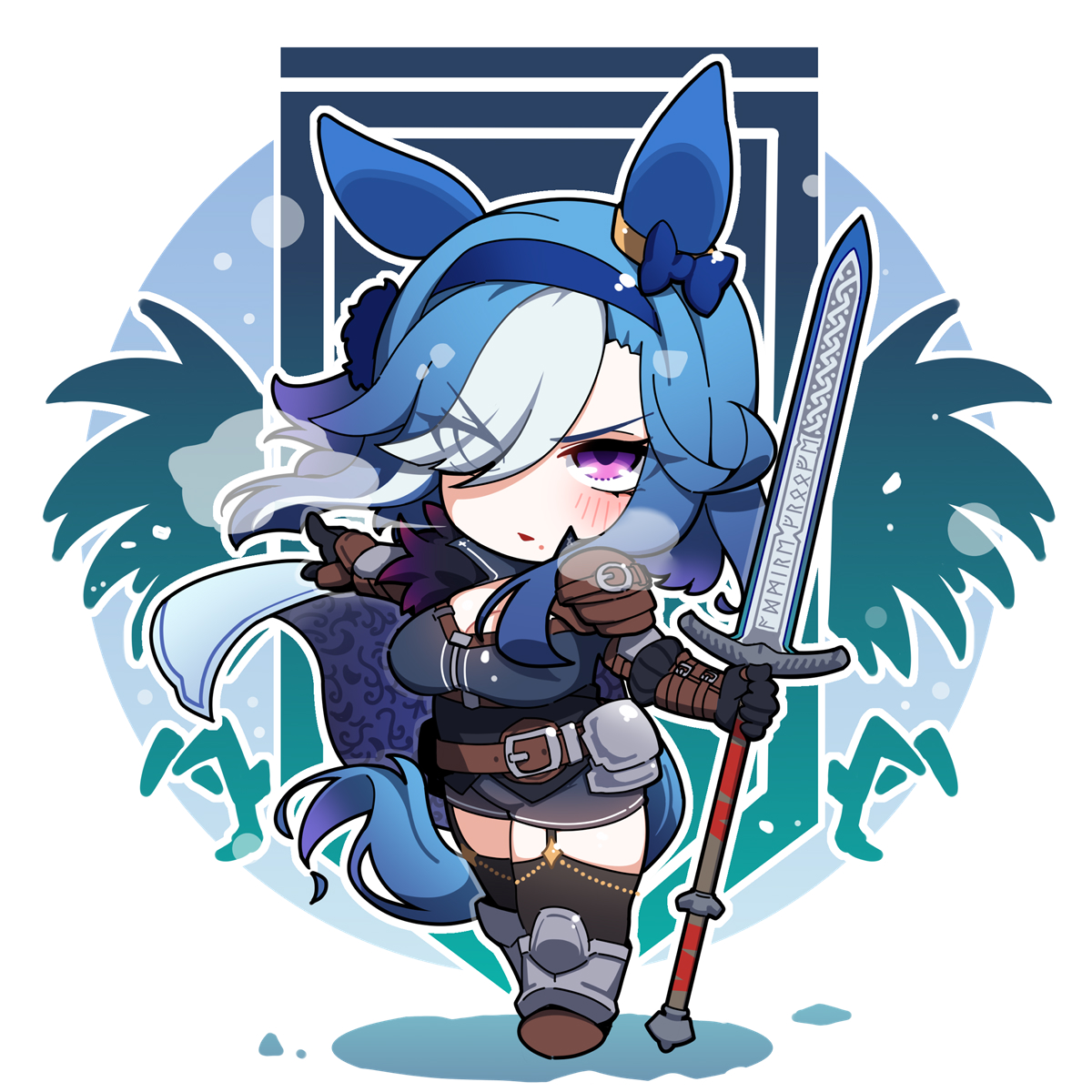 warashi, admire groove (umamusume), umamusume, commentary, highres, 1girl, animal ears, black dress, black gloves, black thighhighs, blue hair, blue hairband, blush, breasts, brown shoes, chibi, chibi only, cleavage, dress, full body, gloves, hair over one eye, hairband, holding, holding sword, holding weapon, horse ears, horse girl, horse tail, looking at viewer, multicolored hair, open mouth, outline, purple eyes, shoes, short hair, solo, standing, sword, tail, thighhighs, two-tone hair, weapon, white hair, white outline