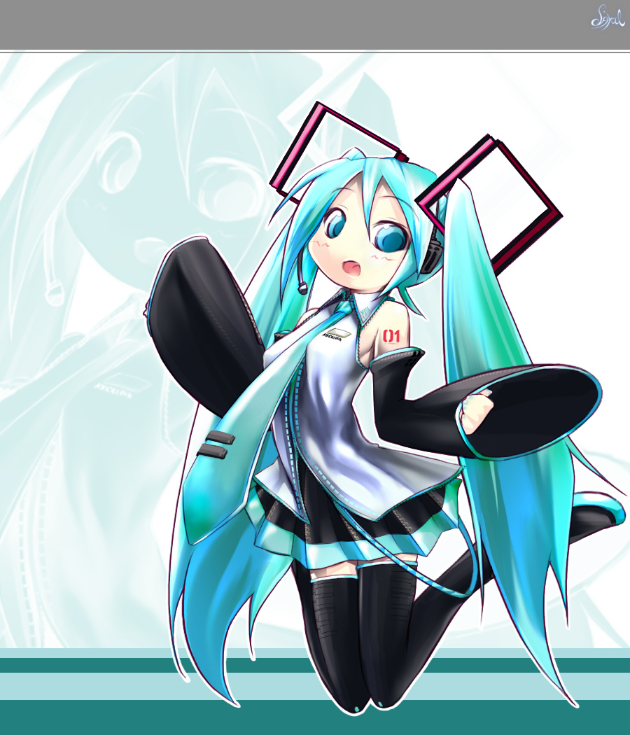 spiral (senra garou), hatsune miku, vocaloid, 1girl, aqua hair, female focus, long hair, solo, thighhighs, twintails, very long hair, zoom layer