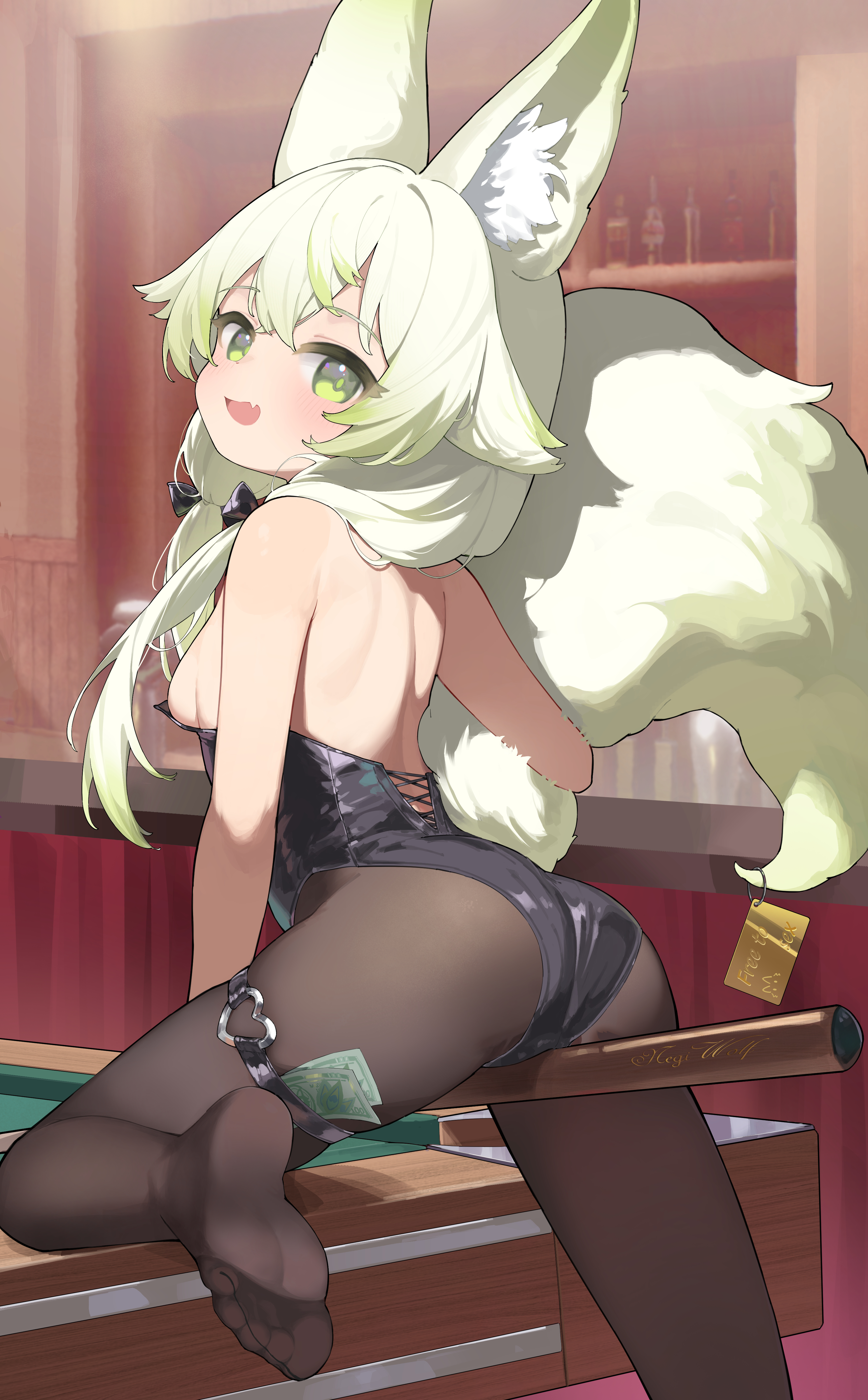 biluoyao, negiwolf, original, absurdres, chinese commentary, commentary request, highres, large variant set, variant set, 1girl, animal ear fluff, animal ears, ass, black leotard, breasts, green eyes, green hair, leotard, looking at viewer, looking back, pantyhose, small breasts, soles, solo, strapless, strapless leotard, tail, wolf ears, wolf girl, wolf tail