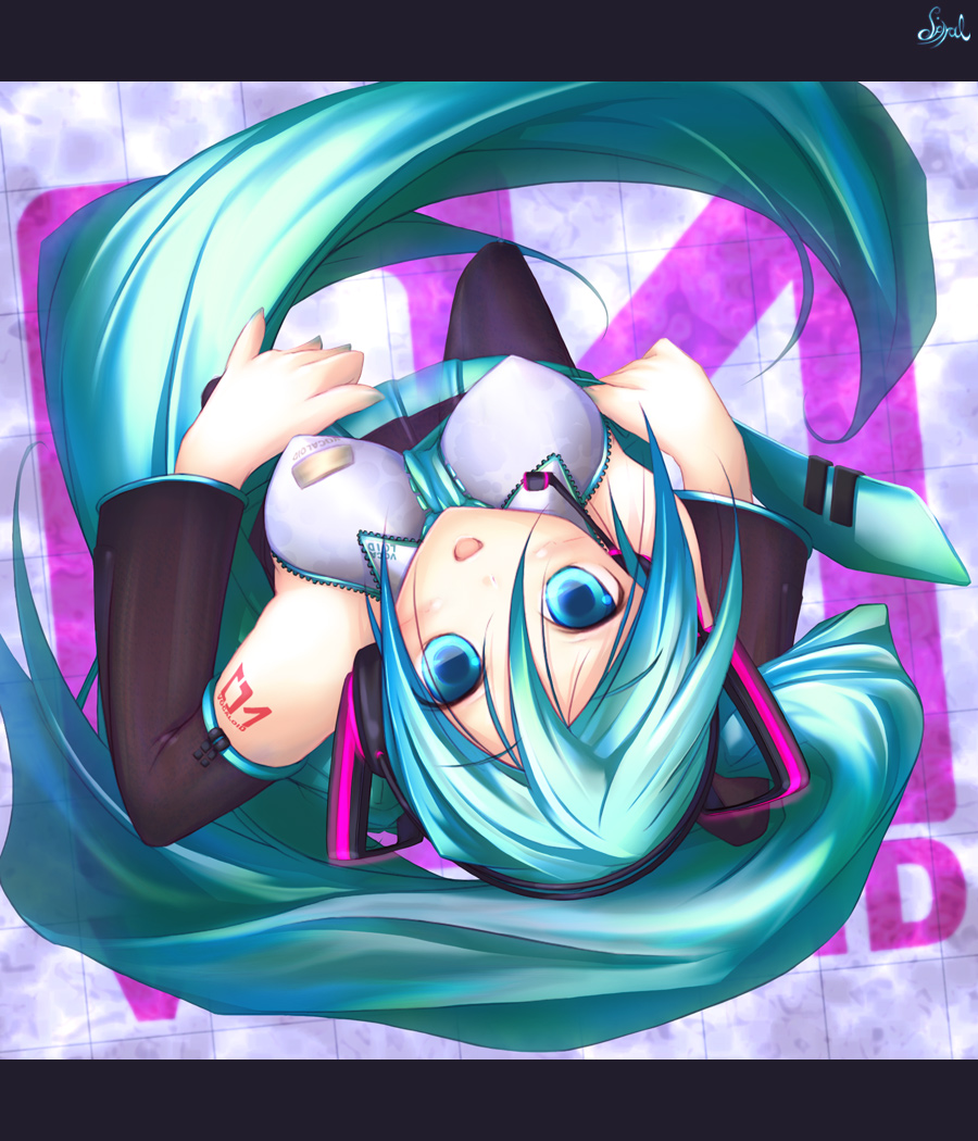 spiral (senra garou), hatsune miku, vocaloid, black legwear, eyebrows, 00s, 1girl, :d, aqua eyes, aqua hair, arm tattoo, between breasts, blush, breasts, collared shirt, detached sleeves, female focus, from above, grey shirt, hair between eyes, hair ornament, headphones, letterboxed, long hair, looking at viewer, looking up, matching hair/eyes, medium breasts, microphone, nail polish, necktie, necktie between breasts, open mouth, pleated skirt, shirt, skirt, smile, solo, tattoo, text focus, tile floor, tiles, twintails