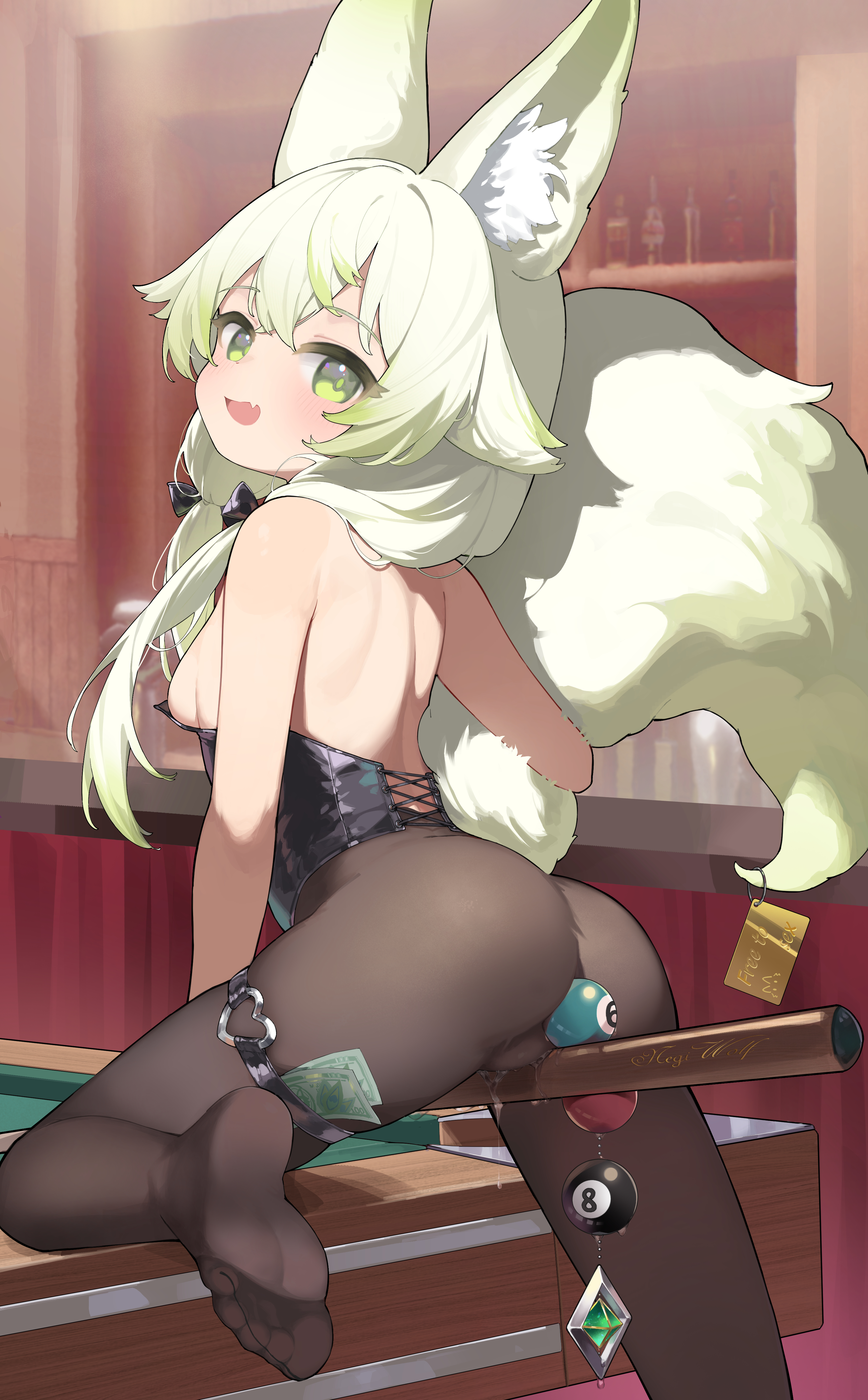 biluoyao, negiwolf, original, absurdres, chinese commentary, commentary request, highres, large variant set, variant set, 1girl, anal, anal beads, anal object insertion, animal ear fluff, animal ears, ass, breasts, green eyes, green hair, leotard, looking at viewer, looking back, object insertion, open mouth, pantyhose, poker chip, pussy juice, sex toy, small breasts, soles, solo, tail, wolf ears, wolf girl, wolf tail