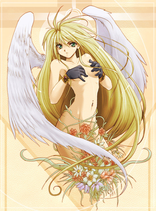 kaiga, 1girl, angel, blonde hair, breasts, covering breasts, covering privates, female focus, flower, gloves, green eyes, long hair, nude, nude cover, small breasts, solo, very long hair, wings