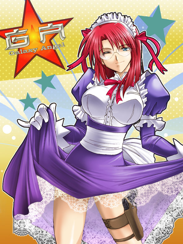 kaiga, forte stollen, broccoli (company), galaxy angel, 00s, 1girl, alternate costume, blue eyes, breasts, clothes lift, contrapposto, copyright name, dress, dress lift, enmaided, female focus, glasses, gun, handgun, holster, large breasts, lifting own clothes, looking at viewer, maid, one eye closed, pistol, purple dress, red hair, skirt, skirt lift, solo, thigh holster, weapon, wink