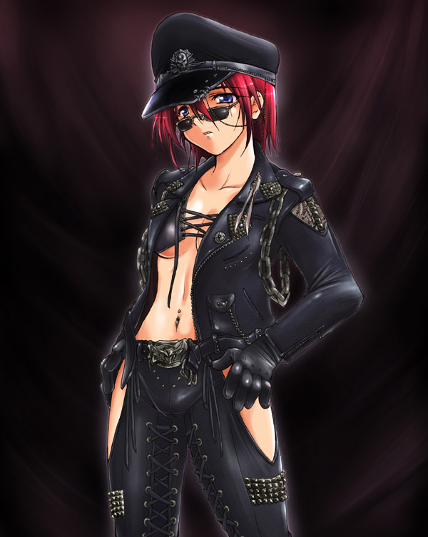 kaiga, hinomoto hikari, tokimeki memorial, tokimeki memorial 2, 1girl, black gloves, blue eyes, breasts, chain, chaps, coat, female focus, gloves, hands on own hips, hat, leather, midriff, mole, mole under eye, navel, navel piercing, pants, piercing, red hair, short hair, small breasts, solo, sunglasses, underboob