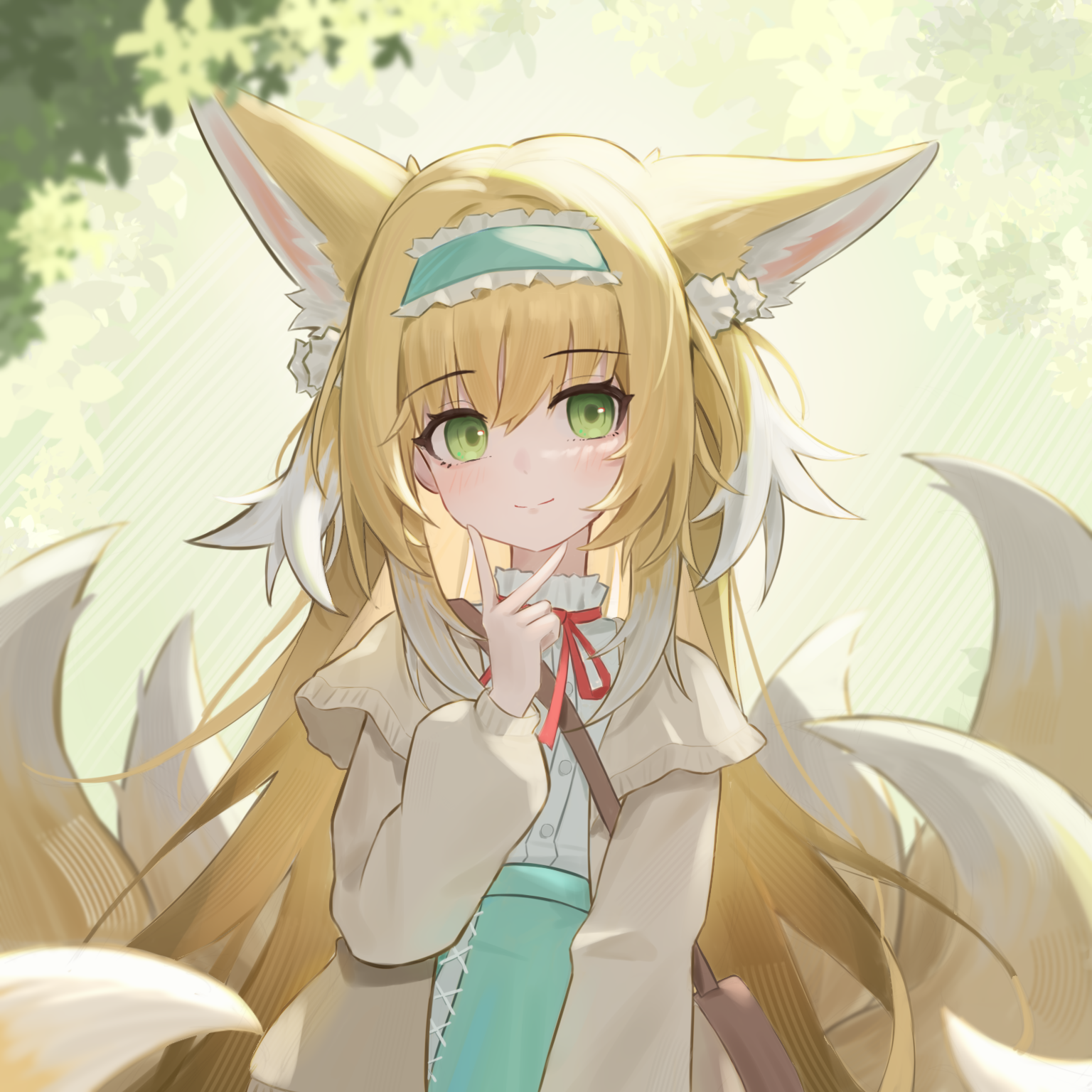 suzuran (arknights), suzuran (spring praise) (arknights), arknights, chinese commentary, commentary, highres, 1girl, animal ears, blonde hair, blue hairband, cong bing, fox ears, fox girl, fox tail, frilled hairband, frills, green eyes, hairband, kitsune, kyuubi, long hair, long sleeves, multicolored hair, multiple tails, neck ribbon, official alternate costume, red ribbon, ribbon, shirt, smile, solo, tail, white shirt