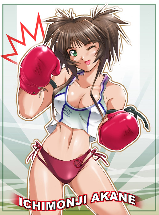 kaiga, ichimonji akane, tokimeki memorial, tokimeki memorial 2, 1girl, armband, bikini, boxing, boxing gloves, breasts, brown hair, character name, cleavage, covered erect nipples, female focus, green eyes, large breasts, looking at viewer, one eye closed, panties, red panties, short hair, side-tie panties, smile, solo, standing, swimsuit, tank top, underwear, wink
