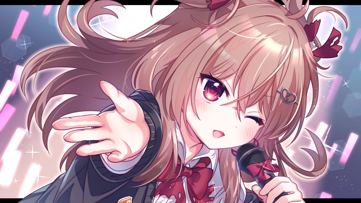 yuiki yuu, evil neuro-sama, neuro-sama, commentary, commission, english commentary, second-party source, 1girl, black cardigan, bow, bowtie, broken heart, broken heart hair ornament, brown hair, cardigan, dress shirt, dutch angle, from side, hair between eyes, hair ornament, heart, holding, holding microphone, light blush, long hair, long sleeves, looking at viewer, microphone, off-shoulder cardigan, one eye closed, open mouth, red bow, red bowtie, red eyes, red ribbon, ribbon, shirt, skull hair ornament, solo, two side up, upper body, vedal ai, virtual youtuber, white shirt