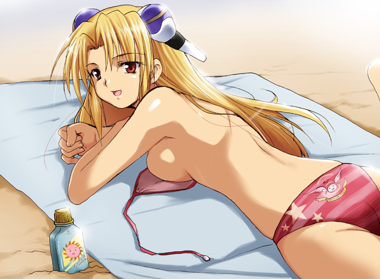kaiga, ranpha franboise, broccoli (company), galaxy angel, 00s, 1girl, back, bare back, beach, bikini, blonde hair, breasts, female focus, large breasts, long hair, lotion, lying, on stomach, red eyes, sideboob, solo, striped bikini, striped clothes, sunscreen, swimsuit, topless female