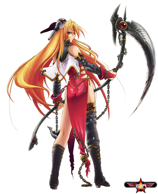 kaiga, ranpha franboise, broccoli (company), galaxy angel, 00s, 1girl, ass, asymmetrical clothes, blonde hair, china dress, chinese clothes, dress, elbow gloves, female focus, full body, gloves, long hair, scythe, simple background, single thighhigh, solo, thighhighs, weapon