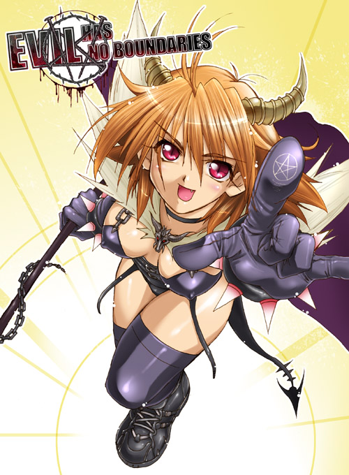 kaiga, 1girl, female focus, foreshortening, horns, pointing, red eyes, solo, tail, thighhighs