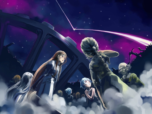 myu, original, 1boy, 6+girls, blood, impaled, maid, multiple girls, old, old man, short hair