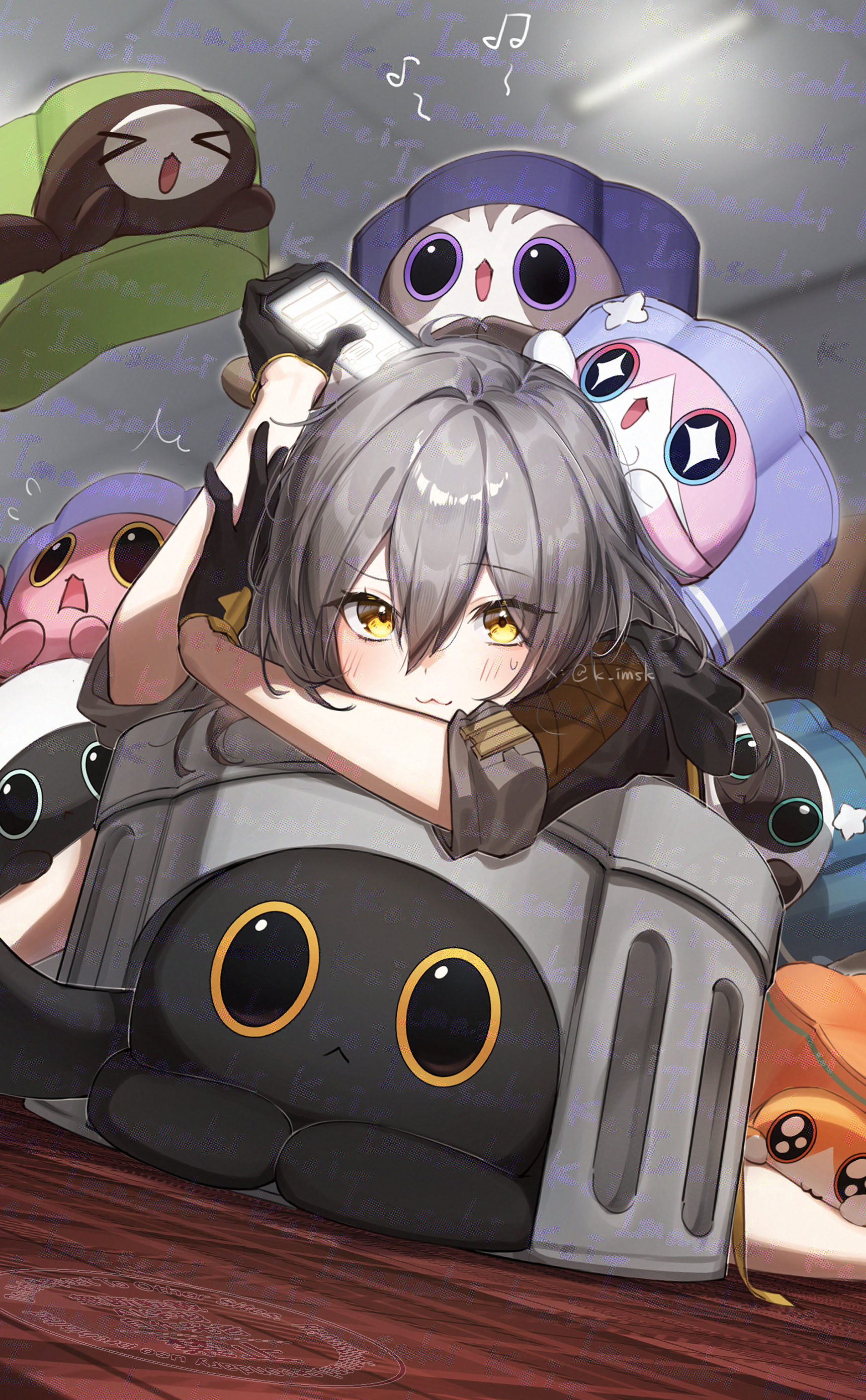 imasaki kei, critter pick (honkai: star rail), guinaifen (honkai: star rail), guinaifen (troublemaker) (honkai: star rail), herta (honkai: star rail), herta (wisteria cake) (honkai: star rail), march 7th (honkai: star rail), march 7th (ice cake) (honkai: star rail), stelle (honkai: star rail), trailblazer (honkai: star rail), trailblazer (trash cake) (honkai: star rail), honkai: star rail, honkai (series), absurdres, highres, 1girl, :3, black gloves, black jacket, cellphone, closed mouth, gloves, grey hair, hair between eyes, holding, holding phone, jacket, long hair, long sleeves, looking at viewer, phone, smartphone, smile, twitter username, yellow eyes