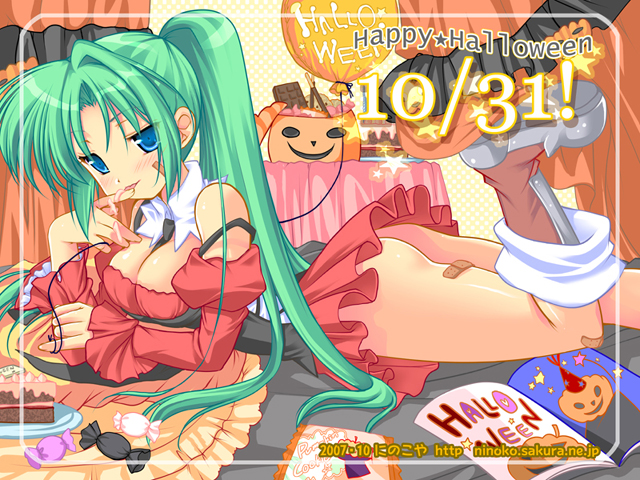 ninoko, sonozaki mion, higurashi no naku koro ni, 00s, 1girl, 2007, bandages, bare shoulders, blue eyes, book, boots, breasts, cake, candy, chocolate, cleavage, curtains, dated, detached collar, female focus, food, green hair, halloween, happy halloween, licking, long hair, lying, pillow, pocky, ponytail, red skirt, skirt, smile, solo, table, waitress, watermark, web address