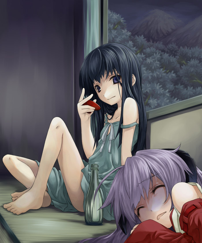 nanaran, furude rika, hanyuu, higurashi no naku koro ni, 00s, 2girls, alcohol, barefoot, blue hair, closed eyes, cup, detached sleeves, dress, horns, japanese clothes, leaning back, legs, long hair, miko, multiple girls, night, purple eyes, purple hair, sakazuki, sake, sitting, sleeping, strap slip
