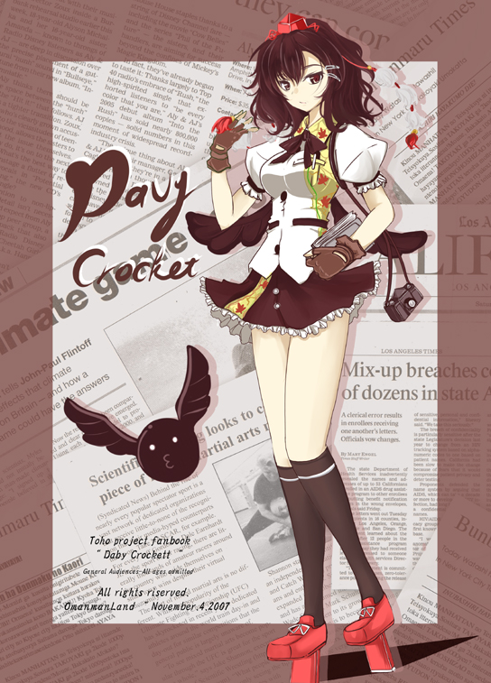 takaharu, onsokumaru, shameimaru aya, ninin ga shinobuden, touhou, 00s, 1girl, black wings, camera, female focus, geta, gloves, hat, looking at viewer, o3o, pun, solo, tengu-geta, tokin hat, wings