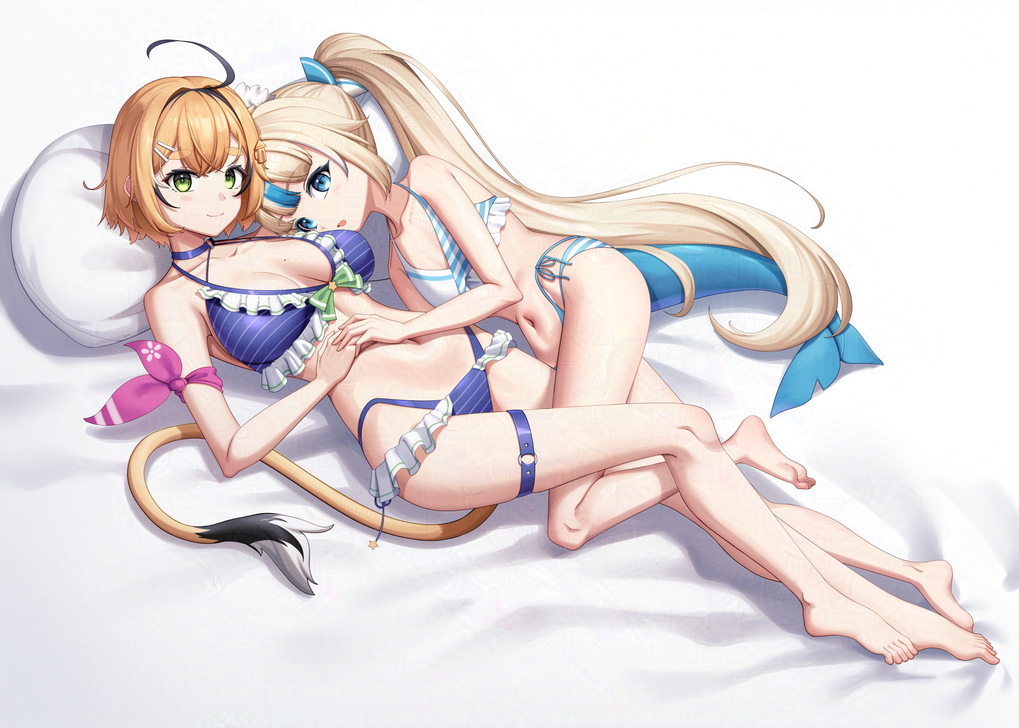 no num21, dooby, dooby (summer), sameko saba, indie virtual youtuber, commentary, english commentary, highres, paid reward available, 2girls, ahoge, barefoot, bikini, black hair, blonde hair, blue bikini, blue eyes, blue hair, breasts, cleavage, fins, fish girl, fish tail, green eyes, holding hands, jerboa tail, large breasts, long hair, lying, mole, mole on breast, multi-strapped bikini top, multicolored hair, multiple girls, navel, o-ring, o-ring thigh strap, open mouth, short hair, smile, streaked hair, swimsuit, tail, thigh strap, very long hair, virtual youtuber, white background, white bikini, yuri