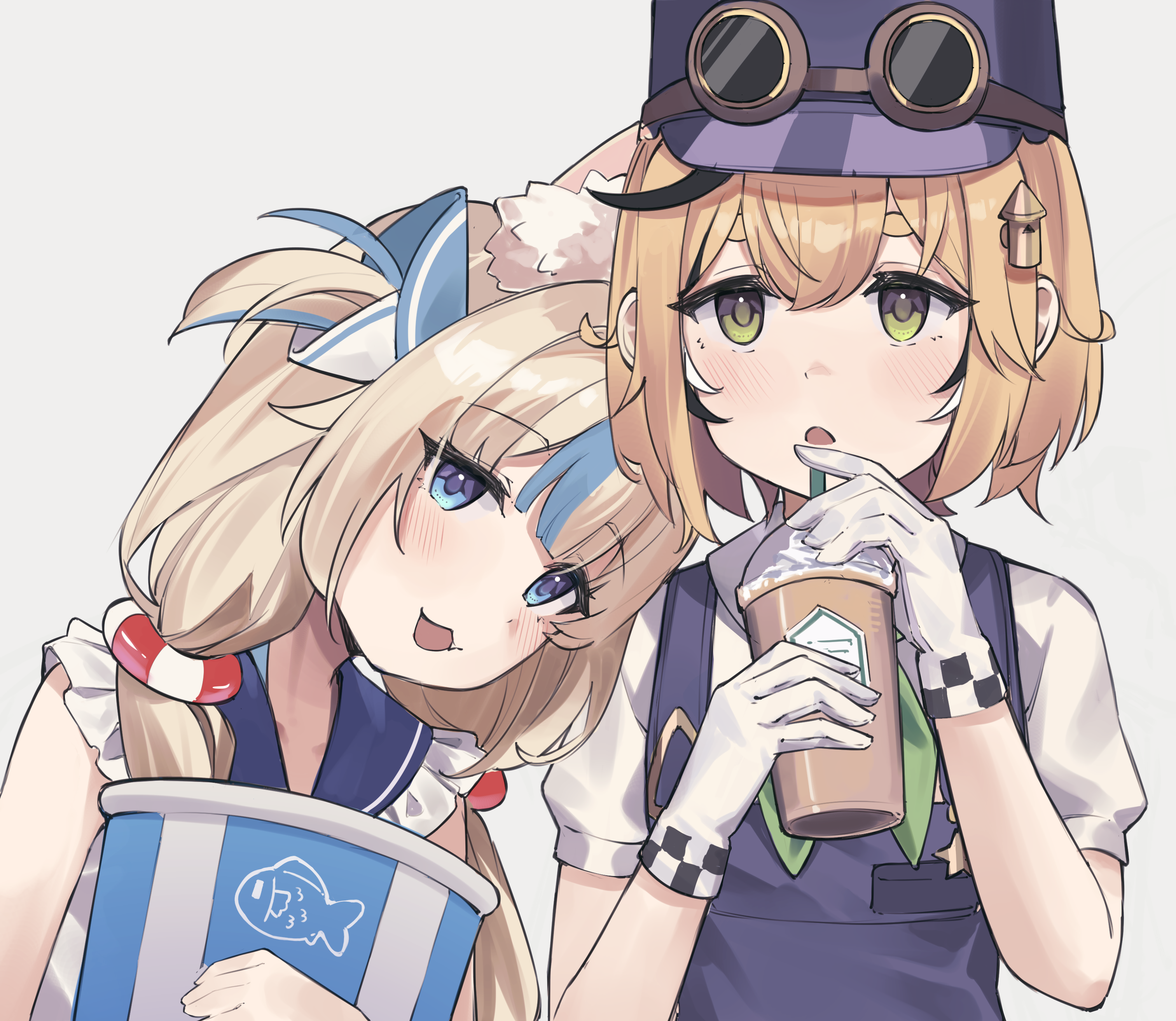 ricke 2002, dooby, sameko saba, indie virtual youtuber, absurdres, commentary request, highres, ahoge, black hair, blonde hair, blue eyes, blue hair, blue overalls, bucket, checkered wristband, dress, fish girl, gloves, goggles, goggles on headwear, green eyes, hat, holding, holding bucket, lifebuoy hair ornament, long hair, multicolored hair, multiple girls, open mouth, overalls, sand bucket, short hair, simple background, smile, streaked hair, virtual youtuber, white background, white dress, white gloves, wristband