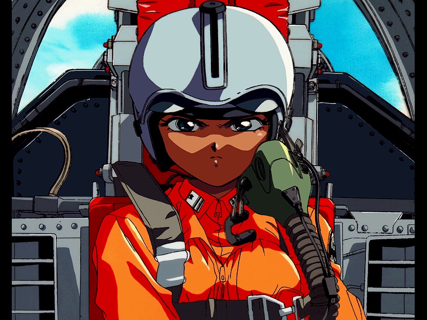 arisa mitaka, mitaka arisa, aozora shoujotai, pilot suit, 1990s (style), 1girl, angry, cockpit, dark-skinned female, dark skin, female focus, flight suit, frown, g-suit, helmet, jumpsuit, orange jumpsuit, pilot, retro artstyle, solo