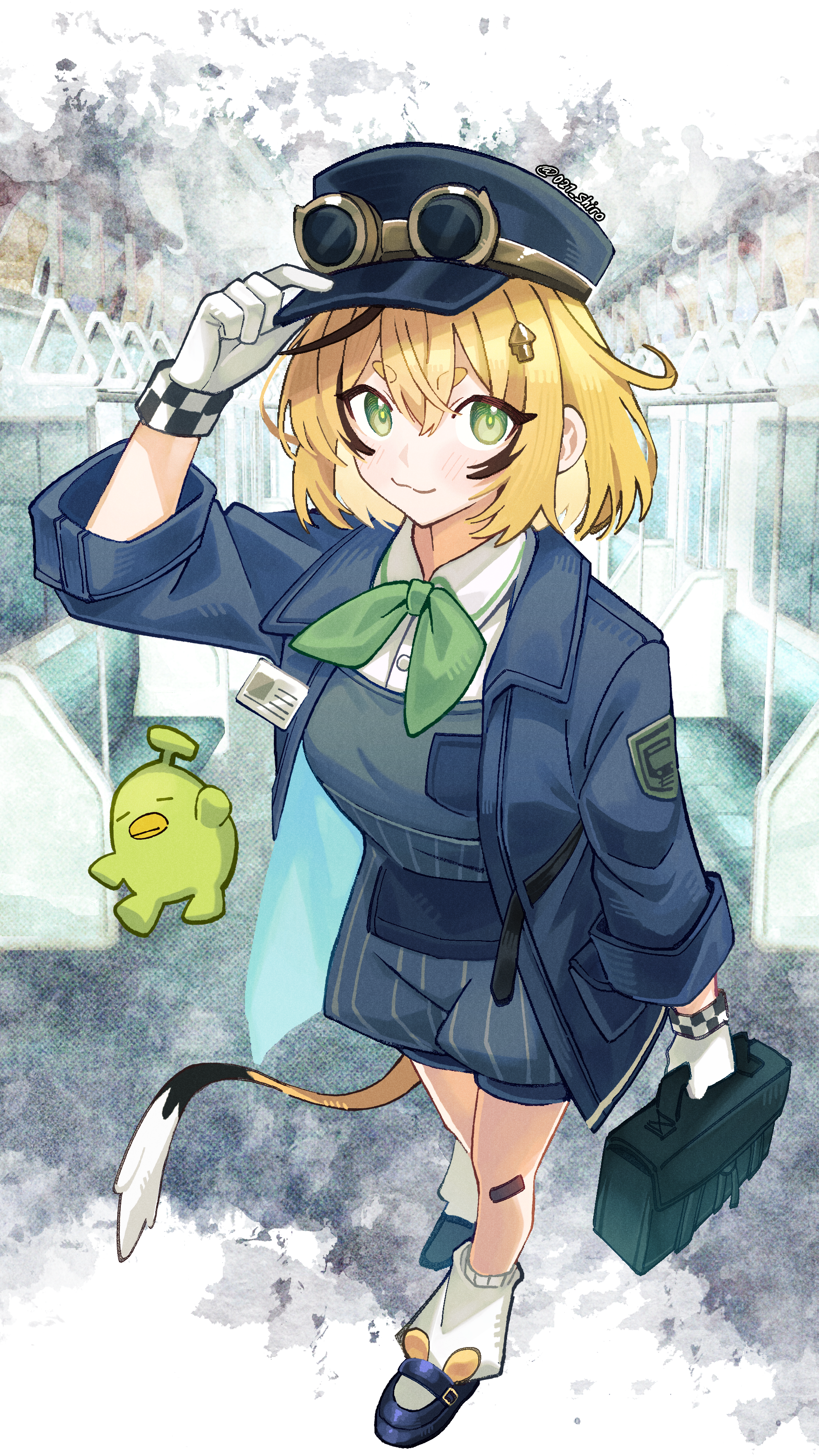 021 shiro, dooby, dooby (1st costume), kippu (dooby), indie virtual youtuber, absurdres, commentary, english commentary, highres, 1girl, ahoge, black hair, blonde hair, blue overalls, checkered wristband, gloves, goggles, goggles on headwear, green eyes, hat, jerboa tail, looking at viewer, multicolored hair, overalls, pinstripe overalls, shirt, short hair, smile, solo, streaked hair, striped clothes, striped overalls, tail, train conductor, virtual youtuber, white gloves, wristband