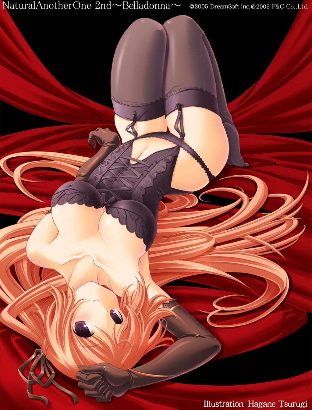 tsurugi hagane, eight chigusa tree, yachigusa itsuki, natural another one 2nd belladonna, highres, 1girl, bare shoulders, black theme, breasts, bustier, cleavage, corset, elbow gloves, female focus, garter belt, gloves, goth fashion, lace, large breasts, lingerie, long hair, lying, on back, orange hair, panties, purple eyes, red hair, red theme, solo, thighhighs, underwear, underwear only, very long hair