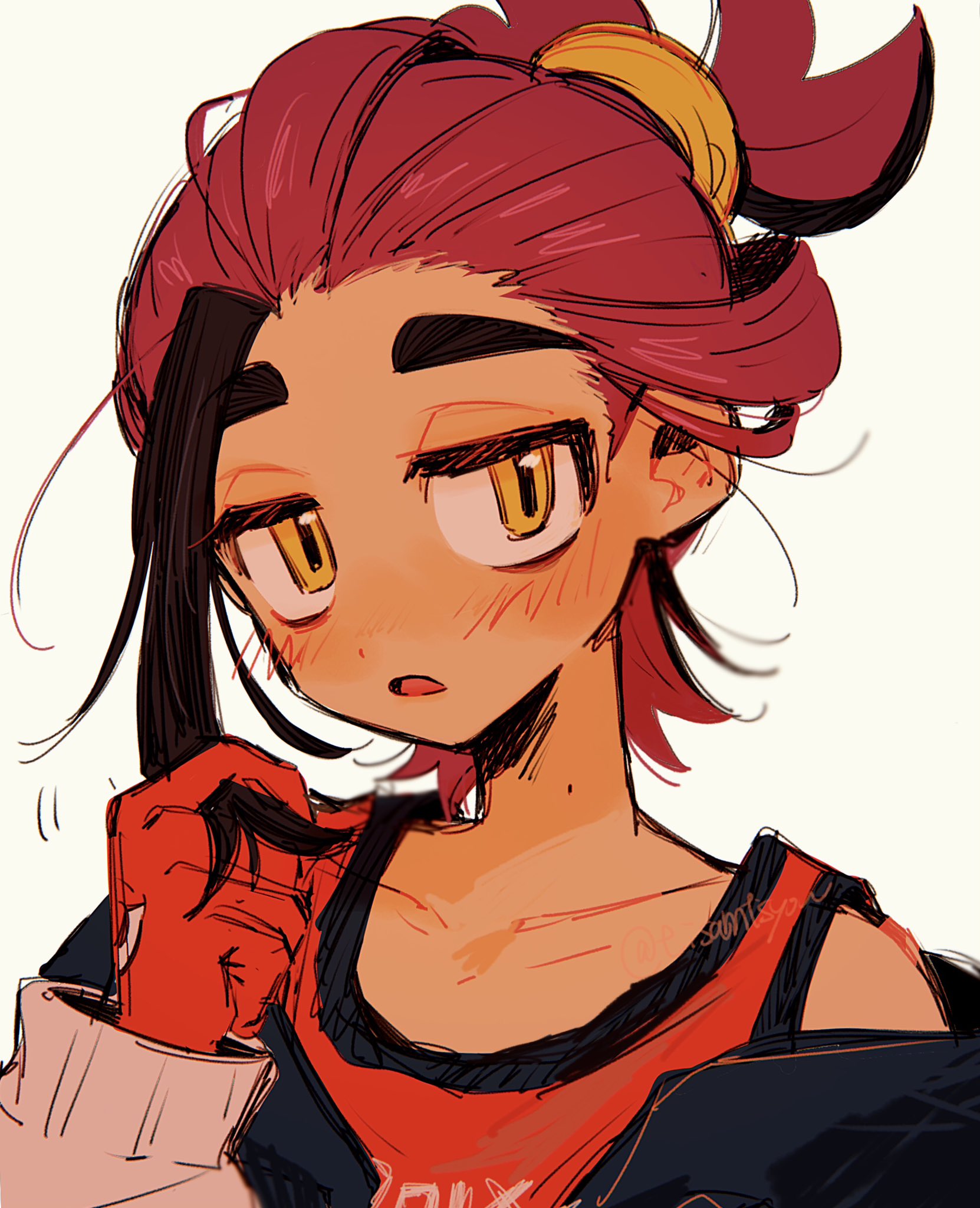 tisanntisyou, kieran (pokemon), nintendo, pokemon, pokemon sv, commentary, highres, symbol-only commentary, 1boy, black hair, blush, gloves, jacket, long sleeves, male focus, mole, mole on neck, multicolored hair, open clothes, open jacket, open mouth, red gloves, red hair, red thighhighs, simple background, solo, thighhighs, twitter username, upper body, white jacket, yellow eyes