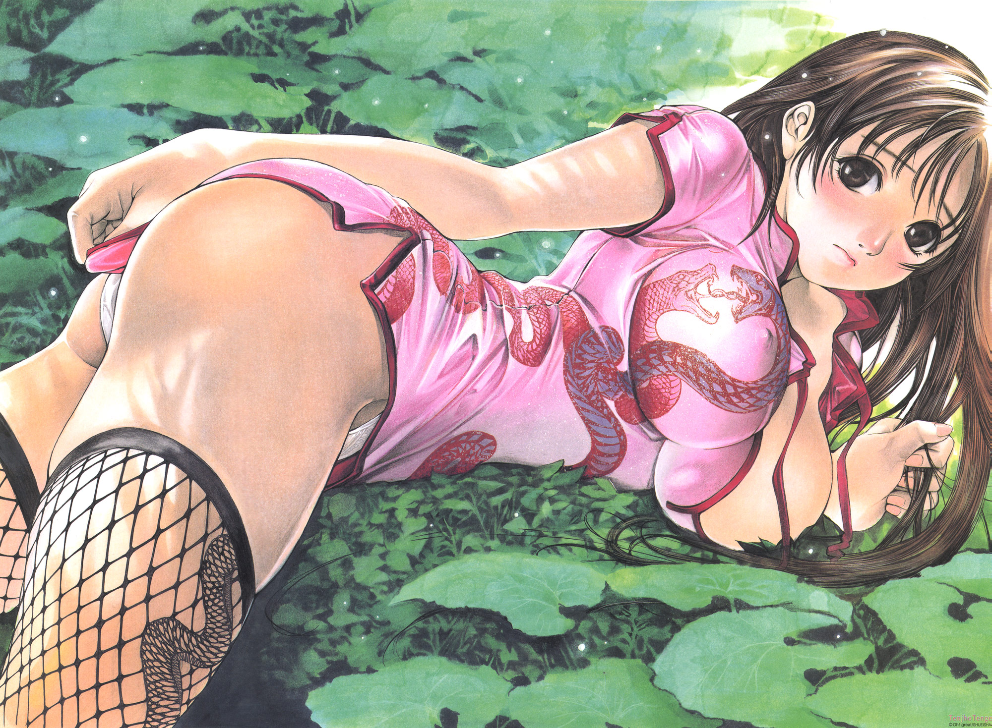 oogure ito, natsume aya, tenjou tenge, highres, blush, breasts, brown eyes, brown hair, china dress, chinese clothes, dress, fishnet thighhighs, fishnets, huge breasts, large breasts, long hair, lying, on side, panties, solo, thighhighs, underwear, white panties