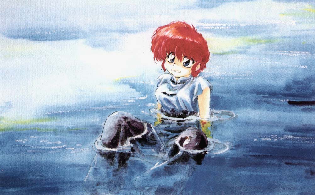 nakajima atsuko, ranma-chan, saotome ranma, ranma 1/2, painting (medium), traditional media, watercolor (medium), 1girl, blouse, blue eyes, female focus, genderswap, genderswap (mtf), red hair, retro artstyle, shirt, sitting, solo, water, wet, white shirt