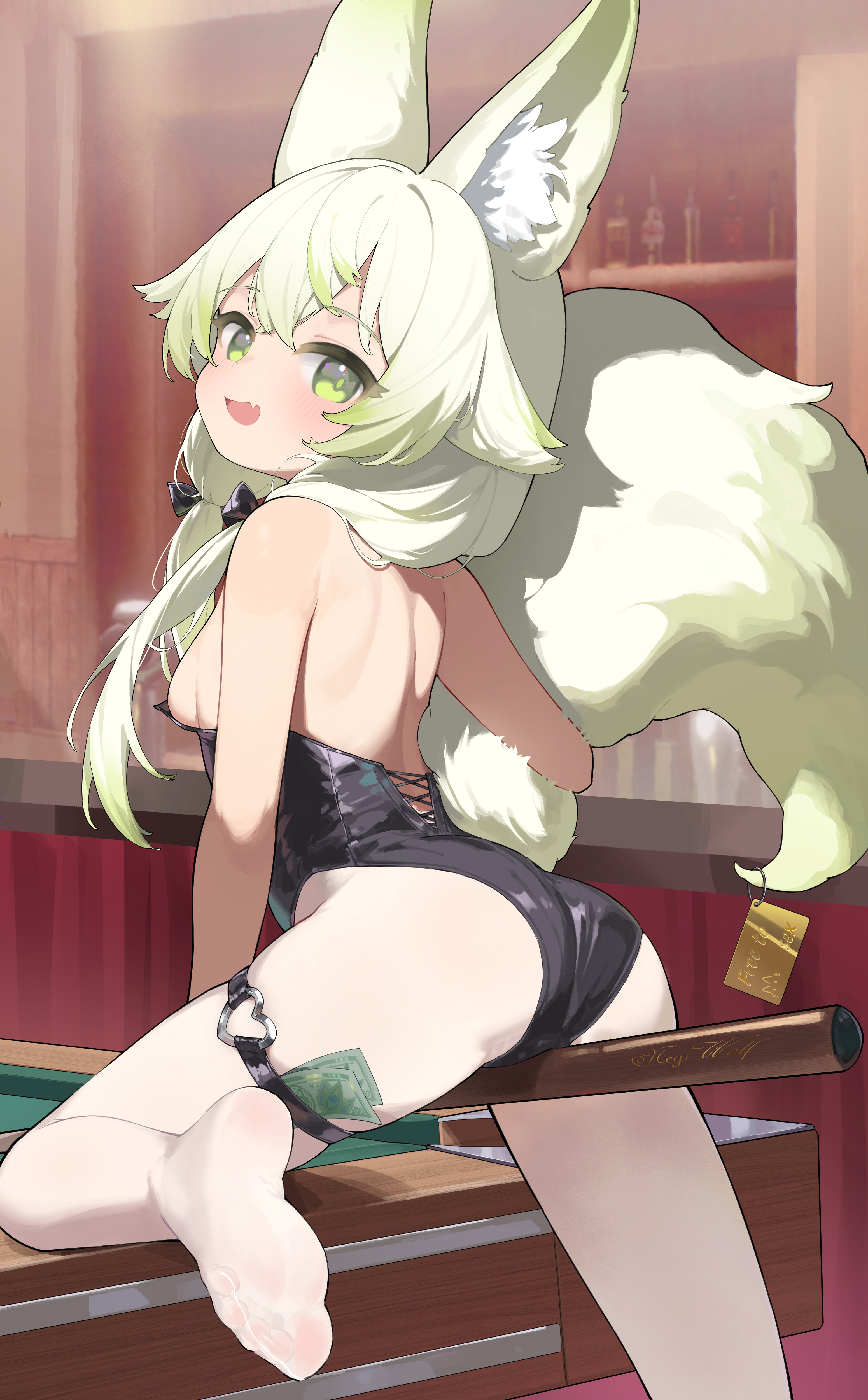 biluoyao, negiwolf, original, absurdres, chinese commentary, commentary request, highres, large variant set, variant set, 1girl, animal ear fluff, animal ears, ass, black leotard, breasts, feet, green eyes, green hair, leotard, looking at viewer, looking back, pantyhose, small breasts, soles, solo, tail, white pantyhose, wolf ears, wolf girl, wolf tail