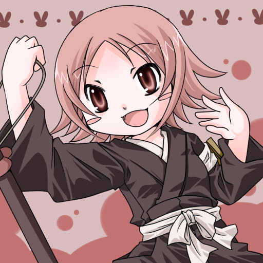 kusajishi yachiru, bleach, 00s, 1girl, bow, brown background, brown eyes, brown hair, female focus, fighting stance, holding, japanese clothes, kimono, long sleeves, sash, short hair, simple background, solo, upper body, white bow