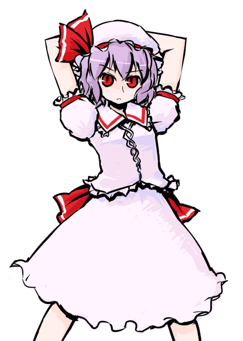 dai-oki, remilia scarlet, touhou, 1girl, arms behind head, female focus, frills, hat, looking at viewer, purple hair, red eyes, ribbon, simple background, skirt, skirt set, solo, white background