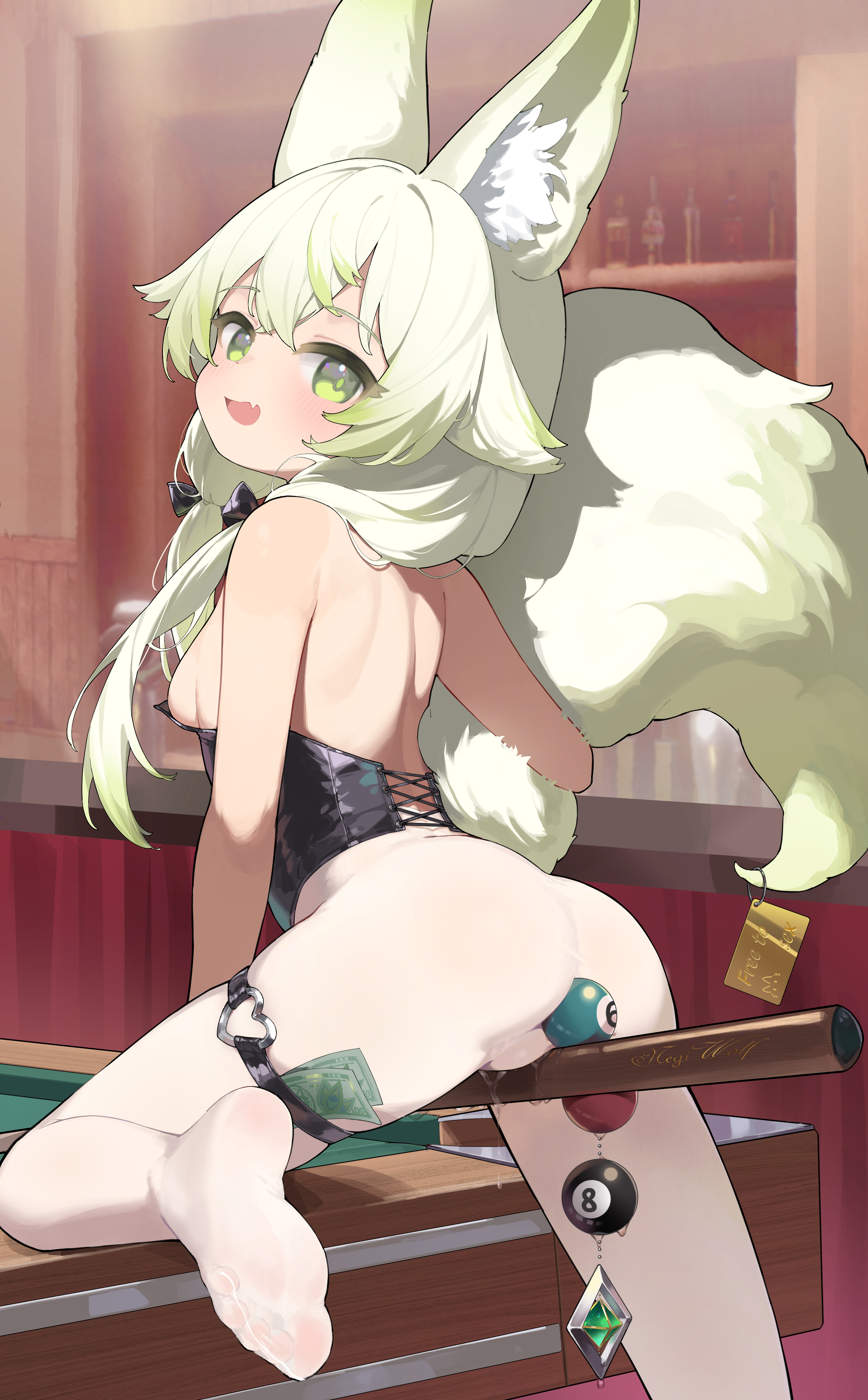 biluoyao, negiwolf, original, absurdres, chinese commentary, commentary request, highres, large variant set, variant set, 1girl, anal, anal beads, anal object insertion, animal ear fluff, animal ears, ass, breasts, feet, from behind, green eyes, green hair, looking at viewer, looking back, object insertion, open mouth, pantyhose, poker chip, pussy juice, sex toy, small breasts, soles, solo, tail, thigh strap, white pantyhose, wolf ears, wolf girl, wolf tail