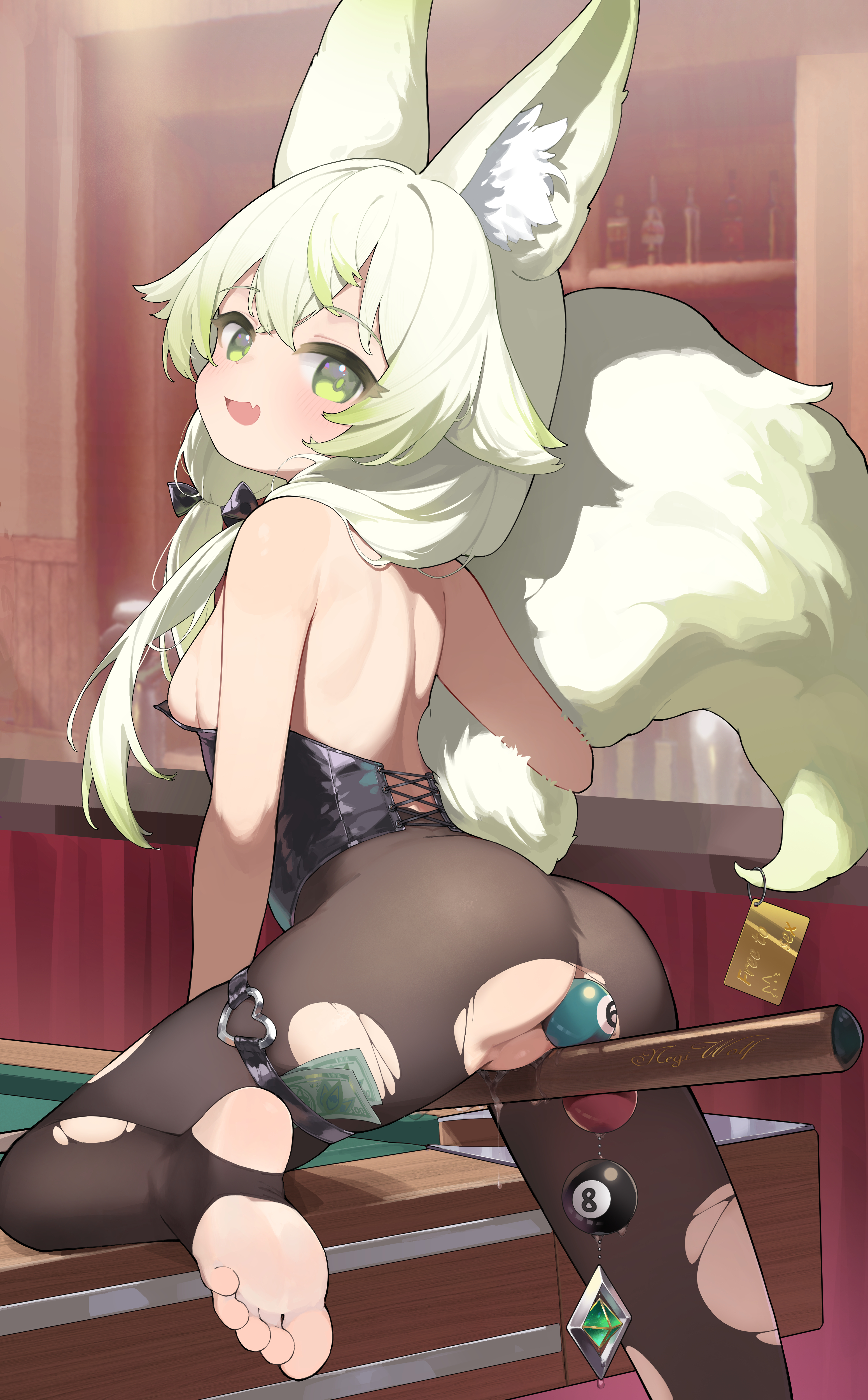 biluoyao, negiwolf, original, absurdres, chinese commentary, commentary request, highres, large variant set, variant set, 1girl, anal, anal beads, anal object insertion, animal ear fluff, animal ears, ass, black leotard, black pantyhose, breasts, feet, fox ears, fox girl, fox tail, from behind, green eyes, green hair, leotard, looking at viewer, looking back, object insertion, open mouth, pantyhose, poker chip, pussy juice, sex toy, small breasts, soles, solo, stirrup legwear, tail, toeless legwear, toes, torn clothes, torn pantyhose, wolf ears, wolf girl, wolf tail
