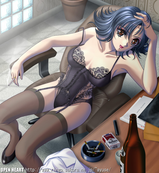 ayuse, 1girl, ashtray, blue hair, breasts, bustier, cigarette, cleavage, female focus, high heels, lace, legs, lingerie, long legs, panties, red eyes, shoes, solo, thighhighs, thighs, underwear