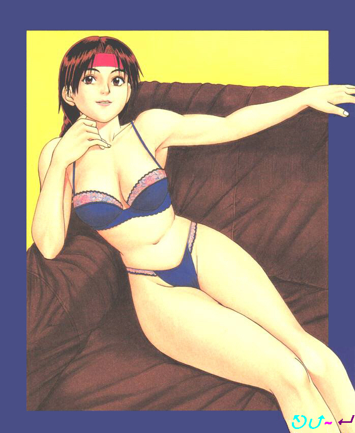 saigado, yuri sakazaki, ryuuko no ken, snk, the king of fighters, 1girl, bra, braid, brown eyes, brown hair, female focus, headband, lingerie, panties, single braid, sitting, solo, underwear, underwear only