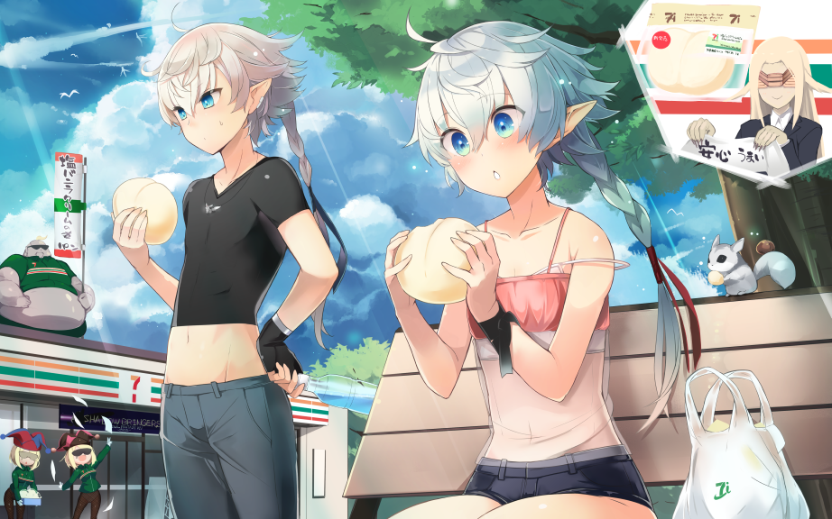 shin (new), alisaie leveilleur, alphinaud leveilleur, 7-eleven, final fantasy, final fantasy xiv, animal request, character request, check character, commentary request, 1boy, 4girls, ahoge, bench, black gloves, black shirt, blue eyes, blue hair, blue pants, blue shorts, blue sky, blush, bottle, bra strap, braid, camisole, cloud, cloudy sky, collarbone, cropped shirt, day, double-parted bangs, elf, fingerless gloves, flat chest, food, gloves, hair between eyes, holding, holding bottle, holding food, midriff, multiple girls, navel, open mouth, outdoors, pants, park bench, plastic bottle, pointy ears, see-through camisole, see-through clothes, shirt, short shorts, shorts, single braid, single glove, sky, spaghetti strap, t-shirt, tight clothes, tight shirt, tree, water bottle, white hair