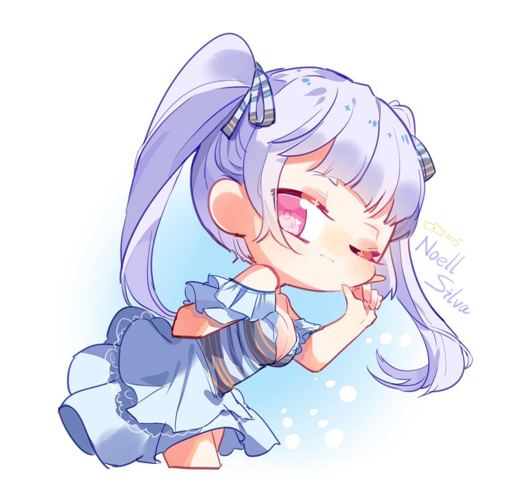 noelle silva, black clover, 1girl, alternate costume, bare shoulders, blue background, blue dress, breasts, character name, chibi, closed mouth, cowboy shot, dress, hair ornament, hand on own face, large breasts, looking at viewer, one eye closed, pink eyes, purple hair, simple background, solo, twintails, white background, xiongyu1995
