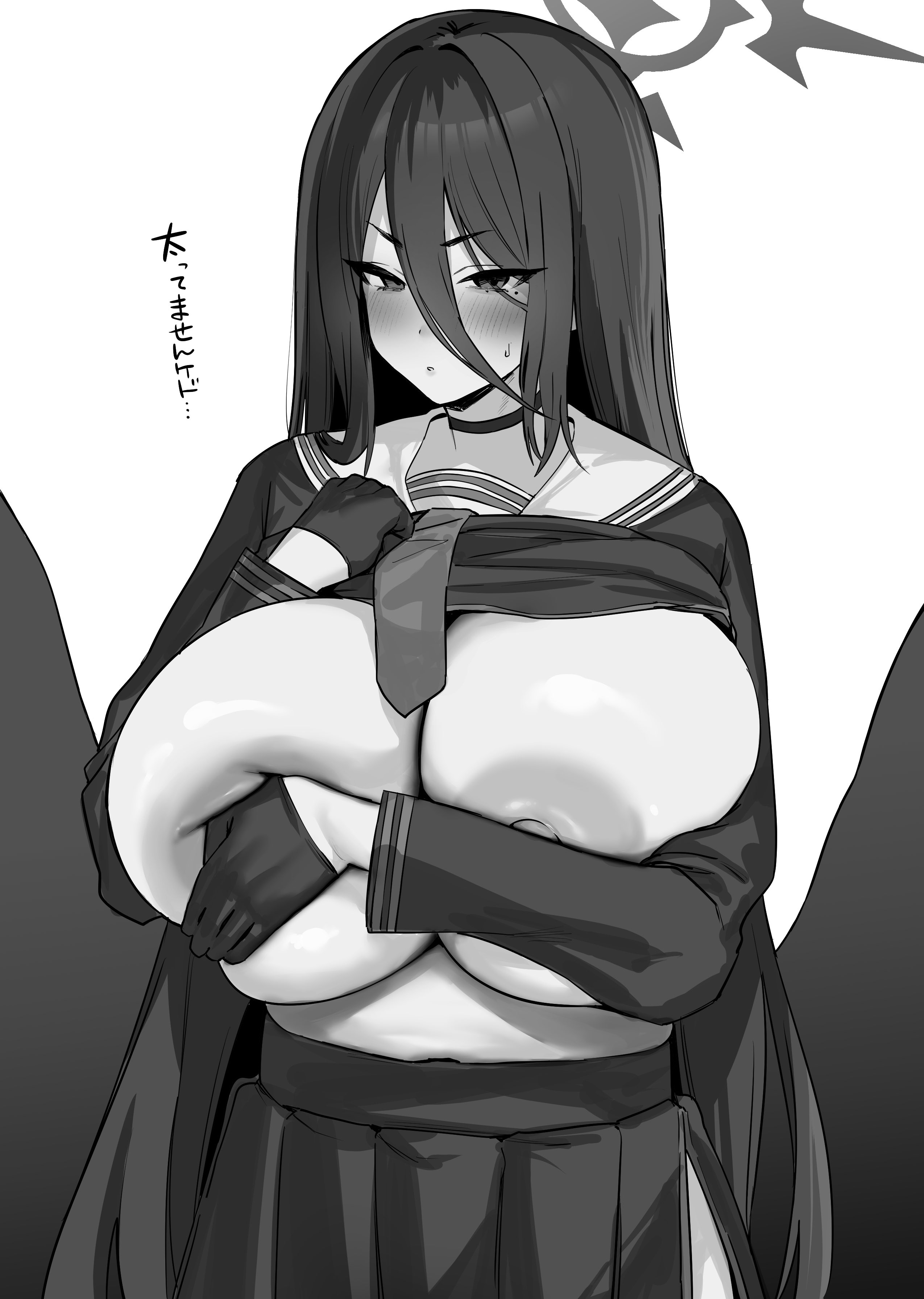 hotate-chan, hasumi (blue archive), blue archive, absurdres, highres, translation request, 1girl, black choker, black hair, black skirt, black wings, blush, breasts, choker, covering breasts, covering privates, feathered wings, hair between eyes, halo, huge breasts, long hair, loosely tucked bangs, low wings, mole, mole under eye, neckerchief, oversized wings, pleated skirt, red eyes, red halo, sailor collar, school uniform, serafuku, skirt, topless female, very long hair, wings