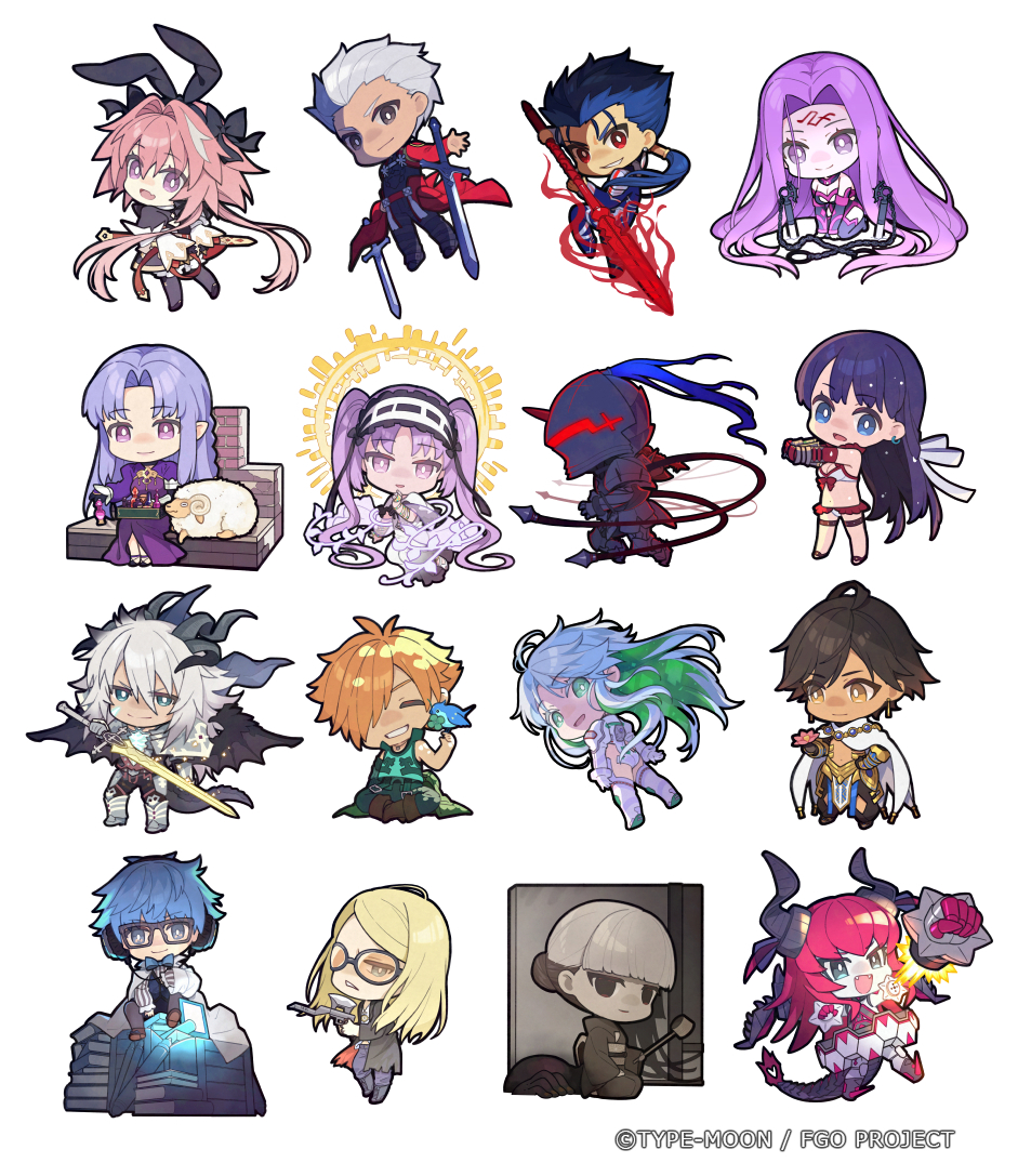 saipaco, archer (fate), archer (third ascension) (fate), astolfo (fate), astolfo (saber) (fate), astolfo (saber) (third ascension) (fate), balmung (fate), berserker (fate/zero), cu chulainn (fate), elizabeth bathory (fate), hans christian andersen (fate), hans christian andersen (third ascension) (fate), kukulkan (fate), kukulkan (second ascension) (fate), lost robin rondo, martha (fate), martha (swimsuit ruler) (fate), martha (swimsuit ruler) (third ascension) (fate), mecha eli-chan (fate), medea (caster) (fate), medea (fate), medusa (fate), medusa (rider) (fate), medusa (rider) (third ascension) (fate), ozymandias (fate), robin hood (fate), sen no rikyu (fate), siegfried (fate), siegfried (third ascension) (fate), stheno (fate), stheno (third ascension) (fate), tezcatlipoca (fate), tezcatlipoca (first ascension) (fate), fate/grand order, fate (series), commentary request, official art, 6+boys, 6+girls, animal ears, armor, armored gloves, bikini, bird, bird on hand, black armor, black boots, black bow, black dress, black eyes, black jacket, black kimono, black pants, black sandals, black shirt, black thighhighs, blonde hair, blue bodysuit, blue bow, blue bowtie, blue eyes, blue hair, blue pants, blue shorts, blue vest, bluebird, blunt bangs, bodysuit, book, book stack, boots, bottle, bow, bow bikini, bowtie, box, bracelet, braid, bright pupils, brown boots, brown hair, brown shoes, cape, chest tattoo, chibi, chibi only, closed eyes, closed mouth, colored inner hair, company name, copyright name, copyright notice, cu chulainn (lancer) (fate), cu chulainn (third ascension) (fate), curtained hair, dark-skinned male, dark skin, detached sleeves, dragon boy, dragon girl, dragon horns, dragon tail, dragon wings, dress, earrings, elbow gloves, facial mark, facial tattoo, fake animal ears, fang, fangs, flower, forehead mark, frilled hairband, frills, full armor, gae bolg (fate), glasses, gloves, glowing, glowing tattoo, gold bracelet, green eyes, green pants, green shirt, grey-framed eyewear, grey eyes, grey hair, grey pantyhose, grey sash, grin, hair bow, hair bun, hair intakes, hair over one eye, hair ribbon, hair slicked back, hairband, half updo, halo, halo behind head, hand on own hip, hand to own mouth, headphones, hishaku, holding, holding bottle, holding box, holding flower, holding polearm, holding sword, holding weapon, horns, jacket, japanese clothes, jewelry, kimono, leotard, long sleeves, looking at viewer, low ponytail, mechanical tail, mechanical wings, metal skin, multicolored hair, multiple boys, multiple girls, nameless dagger (fate), obi, open mouth, orange-tinted eyewear, orange hair, outstretched arms, ozymandias (third ascension) (fate), pants, pantyhose, parted bangs, parted hair, parted lips, pauldrons, pink flower, pink hair, polearm, ponytail, ponytail holder, purple dress, purple eyes, purple hair, rabbit ears, red bow, red eyes, red gloves, red shrug, red trim, ribbon, robot girl, rocket punch, sandals, sash, sheep, shirt, shoes, short hair, shorts, shoulder armor, shrug (clothing), simple background, single hair bun, sitting, sitting on books, skin fang, sleeveless, sleeveless shirt, smile, standing, strapless, strapless dress, streaked hair, stretching, striped clothes, striped shirt, sunglasses, sweater guard, swimsuit, sword, tail, tattoo, thigh boots, thigh strap, thighhighs, tinted eyewear, topless male, twintails, vertical-striped clothes, vertical-striped shirt, vest, waist cape, weapon, wet, wet hair, white background, white bikini, white boots, white cape, white gloves, white hair, white hairband, white leotard, white pupils, white ribbon, white shirt, wings, yellow eyes