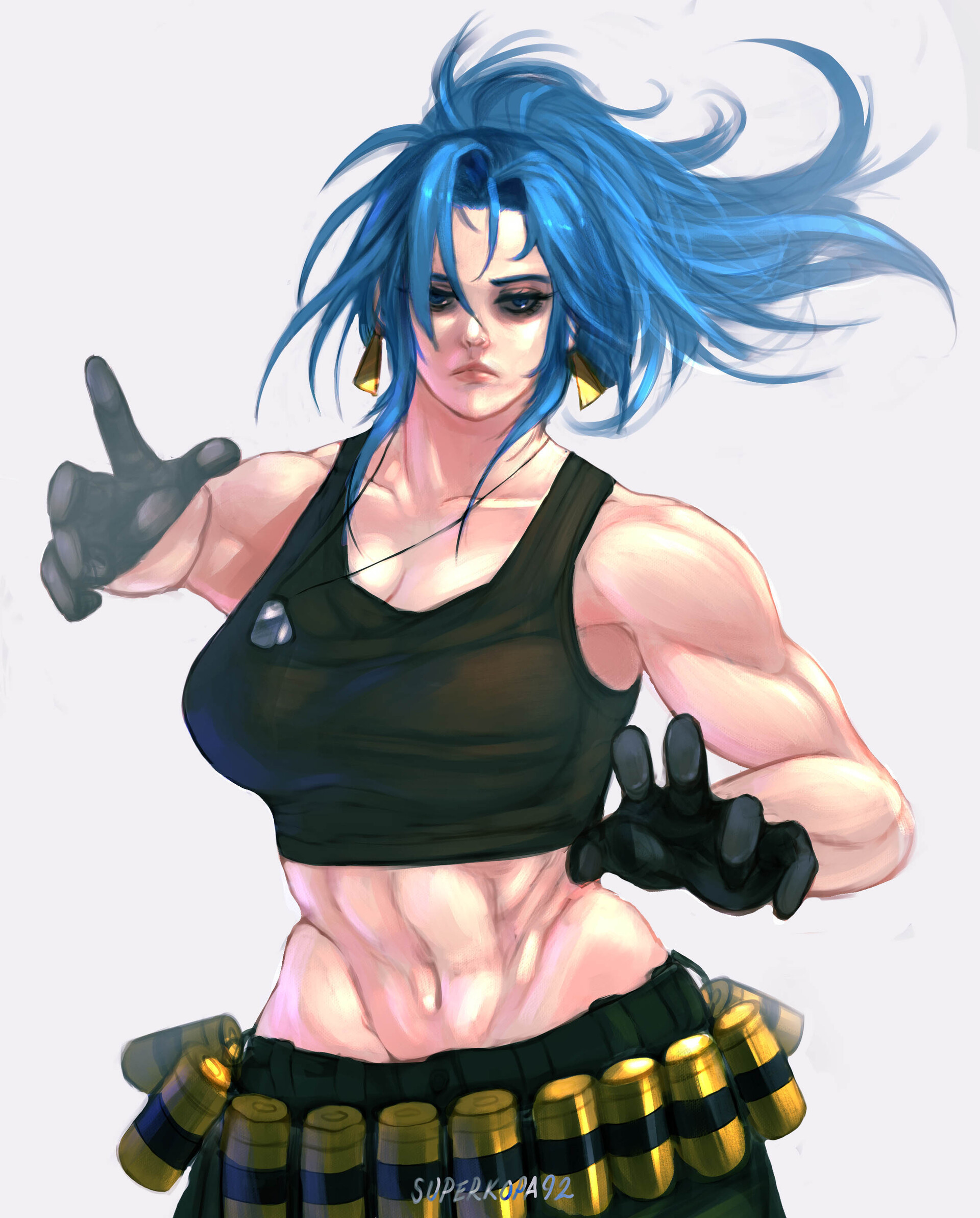 superkopa92, leona heidern, the king of fighters, 1girl, blue eyes, blue hair, breasts, curvy, earrings, gloves, huge breasts, jewelry, large breasts, leather, long hair, looking at viewer, military, muscular, muscular female, pale skin, pants, ponytail, shirt, standing, tank top, thick thighs, thighs, tight clothes, tight shirt, toned, toned female, wide hips