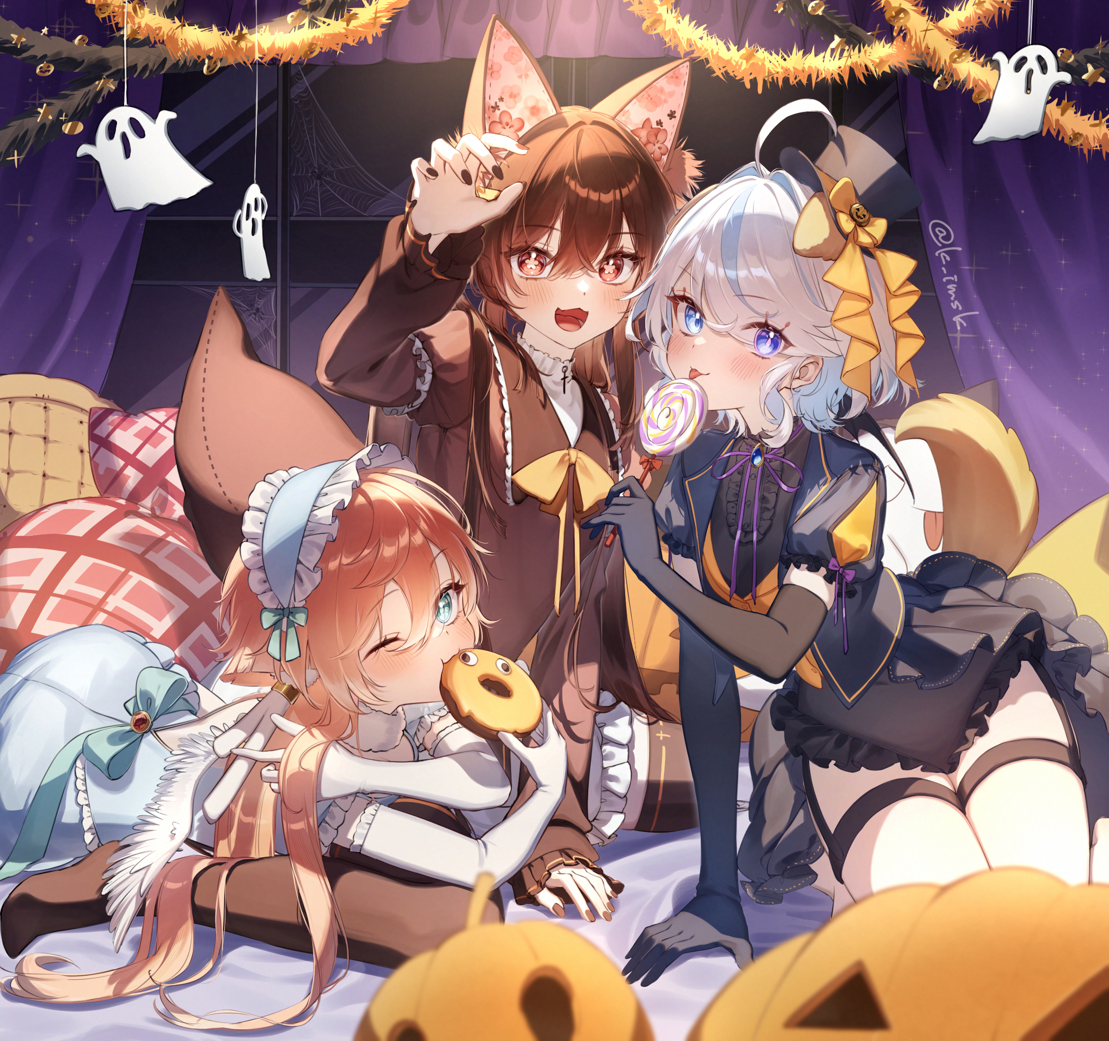 imasaki kei, furina (genshin impact), hu tao (genshin impact), yanfei (genshin impact), genshin impact, highres, 3girls, alternate costume, antlers, black gloves, black thighhighs, blue eyes, blue hair, brown hair, candy, closed mouth, deer antlers, dress, drop-shaped pupils, eating, elbow gloves, flower-shaped pupils, food, gloves, hair between eyes, halloween, halloween costume, hand up, heterochromia, holding, holding candy, holding food, horns, long hair, long sleeves, looking at viewer, lying, multiple girls, on stomach, one eye closed, open mouth, pink hair, red eyes, short sleeves, sitting, smile, symbol-shaped pupils, thigh strap, thighhighs, tongue, tongue out, white gloves